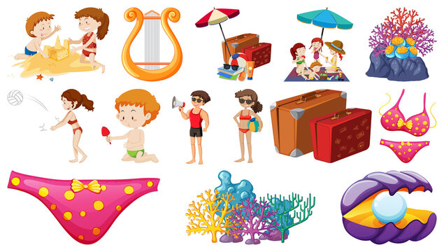 Set of summer beach objects and cartoon characters