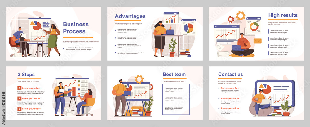 Poster business process concept for presentation slide template. people analyze data, create success strate