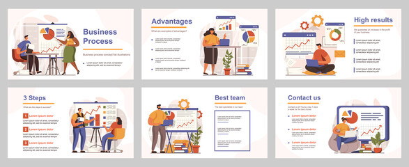 Business process concept for presentation slide template. People analyze data, create success strategy, colleagues collaborate and leadership. Vector illustration with flat persons for layout design