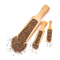 Wooden scoop of organic natural chia seeds close-up isolated on white background