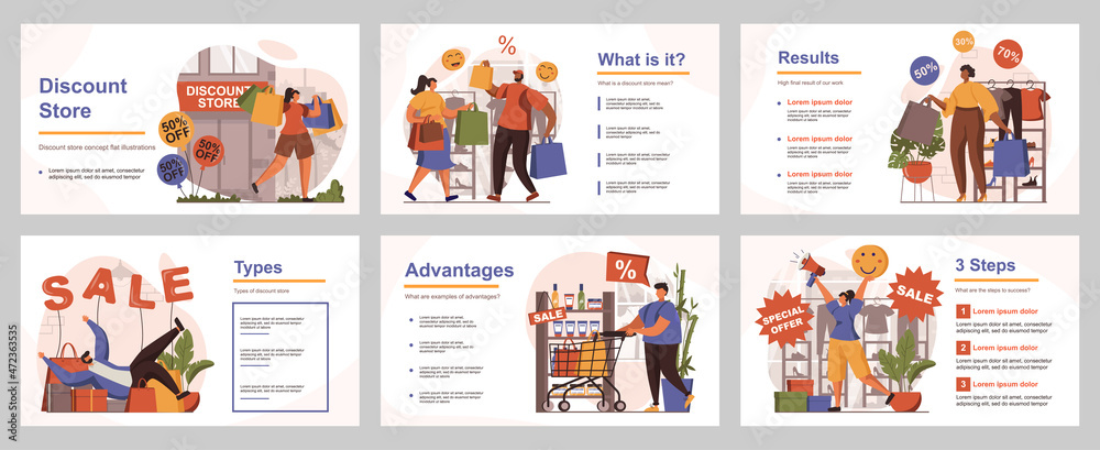 Aufkleber discount store concept for presentation slide template. people customers make bargains at special pr
