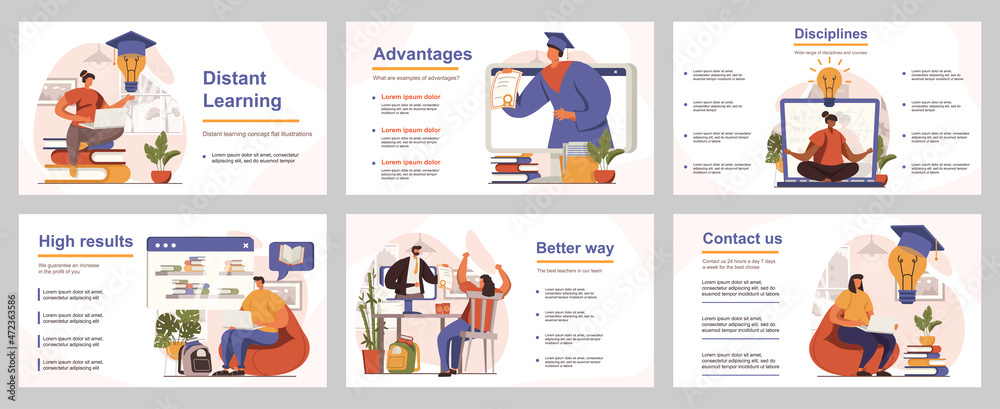 Aufkleber distant learning concept for presentation slide template. people studying online, students watch web