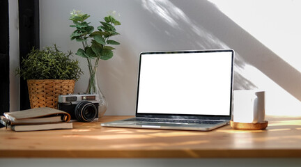 Computer laptop, coffee cup, books and houseplant on wooden table.