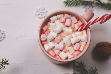 Fototapeta na wymiar Christmas hot drinks. winter cocoa with marshmallows and spruce branches on a white background