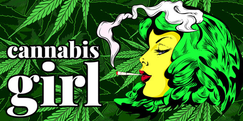 Doodle with girl smoked marijuana joint. Magic hair, cannabis leafs - obrazy, fototapety, plakaty