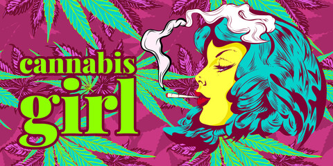 Doodle with girl smoked marijuana joint. Magic hair, cannabis leafs - 472363554