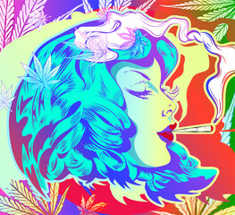 Doodle with girl smoked marijuana joint. Magic hair, cannabis leafs