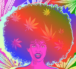 Afro hair woman and cannabis magic background