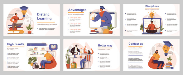 Distant learning concept for presentation slide template. People studying online, students watch webinars and video lessons, take courses. Vector illustration with flat persons for layout design