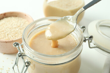 Concept of tasty food with tahini sauce, close up