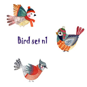 Set of 3 birds in funny winter hats, scarfs and sweaters. Cartoon style hand painted watercolor images isolated on white background.