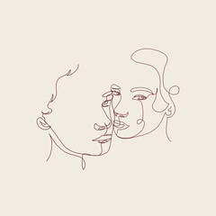 One Continuous Line Hand Drawing Two Faces. Minimalism Trendy Style. Abstract Portrait. Love. Couple. Vector Design For Cards For Valentine's Day, Wedding Invitation, Tattoo. 
