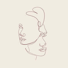 One Continuous Line Hand Drawing Two Faces. Minimalism Trendy Style. Abstract Portrait. Love. Couple. Vector Design For Cards For Valentine's Day, Wedding Invitation, Tattoo. 