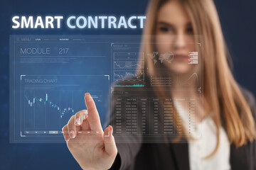 Business, Technology, Internet and network concept. Young businessman working on a virtual screen of the future and sees the inscription: Smart contract