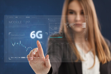 Business, Technology, Internet and network concept. Young businessman working on a virtual screen of the future and sees the inscription: 6G