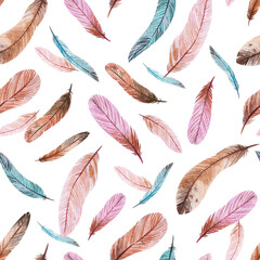 Watercolor natural birds feathers boho pattern. Bohemian Seamless texture with hand drawn feathers. Feather boho illustration for your design. Bright blue colors decoration.