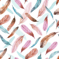 Watercolor natural birds feathers boho pattern. Bohemian Seamless texture with hand drawn feathers. Feather boho illustration for your design. Bright blue colors decoration.