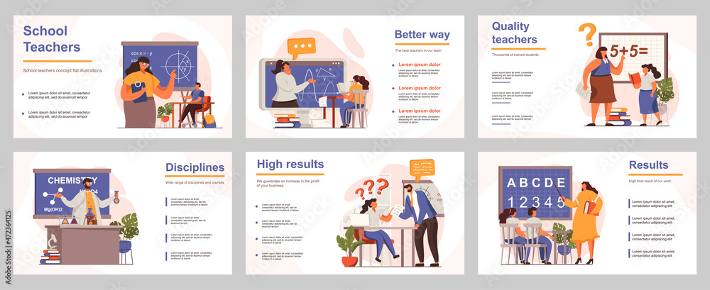 Aufkleber School teachers concept for presentation slide template. People teach different lessons, explaining teaching material to pupils in classroom. Vector illustration with flat persons for layout design