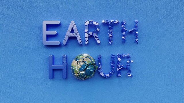 Earth hour day text inscription, light turn off on Earth planet and protect environment concept, ecology care time, decorative animated lettering, 3d render motion background