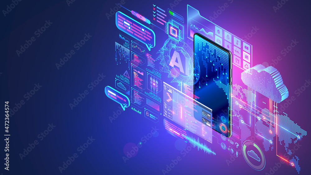 Poster Mobile technology isometric concept. Phone communication with internet services all over world. AI, big data, cloud computing, neural networks in smartphone. Phone app development. Digital technology