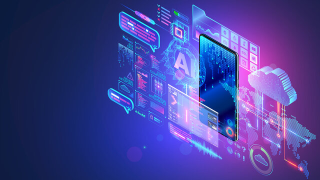Mobile technology isometric concept. Phone communication with internet services all over world. AI, big data, cloud computing, neural networks in smartphone. Phone app development. Digital technology