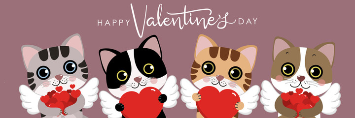 Cute cats with little cupid wings and red heart. Happy Valentine's Day greeting card. Animal cartoon character in love holidays.
