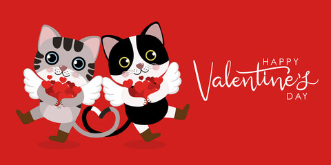 Cute cats with little cupid wings and red heart. Happy Valentine's Day greeting card. Animal cartoon character in love holidays.