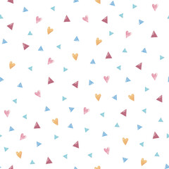 Seamless watercolor pattern with multicolored triangles and hearts