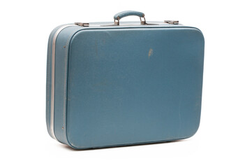 Small blue vintage suitcase on white background 