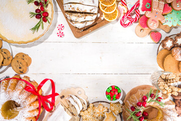Assortment Christmas homemade baking sweet. Set of various traditional Christmas pastry cheesecake, fruitcake, stollen, gingerbread, biscuits, panettone. Bakery menu, Xmas banquet invitation 