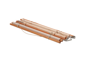 Wooden stand with rolled maps on white background