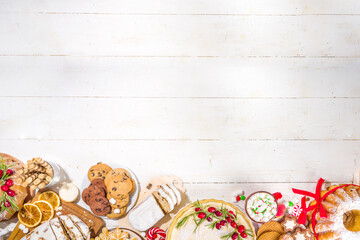 Assortment Christmas homemade baking sweet. Set of various traditional Christmas pastry cheesecake, fruitcake, stollen, gingerbread, biscuits, panettone. Bakery menu, Xmas banquet invitation 