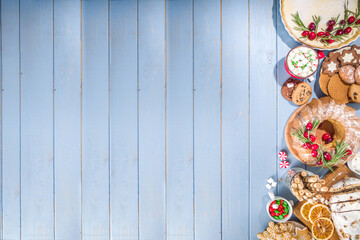 Assortment Christmas homemade baking sweet. Set of various traditional Christmas pastry cheesecake, fruitcake, stollen, gingerbread, biscuits, panettone. Bakery menu, Xmas banquet invitation 