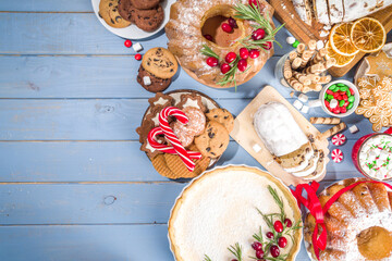 Assortment Christmas homemade baking sweet. Set of various traditional Christmas pastry cheesecake,...