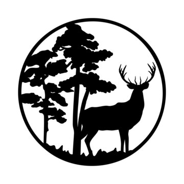 Black silhouette of deer standing among the trees on grass. Vector illustration of forest with pine tree in circle. Round sign deer hunting isolated on white background
