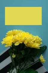 A bouquet of yellow chrysanthemums on a blue background on a striped napkin at the bottom of the photo. Bright image of flowers. A greeting card. Background of yellow flowers. Photo from above.