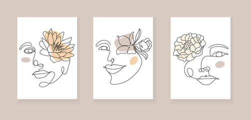 Boho women face vector set. Surreal portrait, girl face with lotus, chrysanthemum, lily flowers in continuous line style.