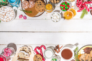 Christmas hot chocolate party bar, winter cocoa buffet with a lot of hot chocolate mugs, various topping, sprinkles, sweet appetizers