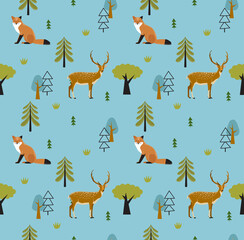Print. Vector forest background with fox and deeer. Seamless background. Wild nature. Summer forest