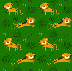 Print. Vector seamless tropical background with tiger. Cartoon tiger. African animal. Fabric for children. Safari. Summer green background.