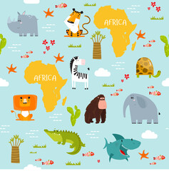 Print. Vector background Africa with cartoon animals. Whale, elephant, lion, zebra, crocodile, fish, baobab tree, cactus
