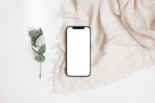 phone with eucalyptus branch on  scarf