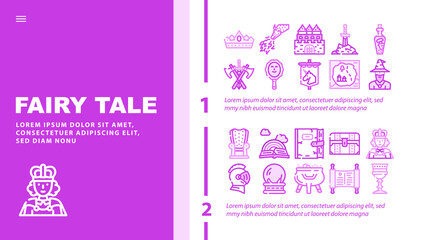 Fairy Tale Story Medieval Book Landing Web Page Header Banner Template Vector. Castle And Knight Armour Equipment, Magician And Witch Fairy Tale Character, Magic Mirror And Glass Sphere, Illustration