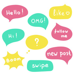 Set of colorful speech bubbles with greetings and exclamations