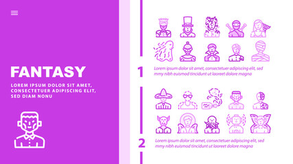 Fantasy And Magical Character Landing Web Page Header Banner Template Vector. Zombie And Ghost, Angel And King, Burning And And Frankeinstein, Mummy And Vampire, Fairy And Steampunk Illustration