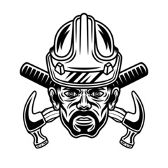 Worker man with bristle in hard hat and two crossed hammers vector illustration in monochrome vintage style isolated on white background