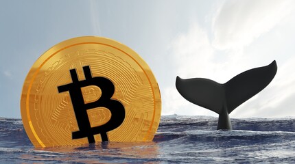 Bitcoin whale , whale in ocean and bitcoin . Whale is large investor in the BTC market .3D Rendering. © nuttapon