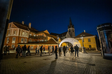 Naklejka na ściany i meble Christmas light at the Bridge of Lies in Sibiu on a calm December night