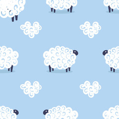 Cute sheep vector seamless pattern kids sweet dreams illustration on blue background. Baby shower background. Child drawing flat style white sheep. Kids design for fabric and decor.