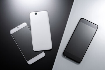 Modern smartphone in three colors. Blank screen for mockup. Smartphone in everyday life.